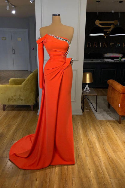 Orange One-Shoulder Long Sleeve Crystal Prom Dress