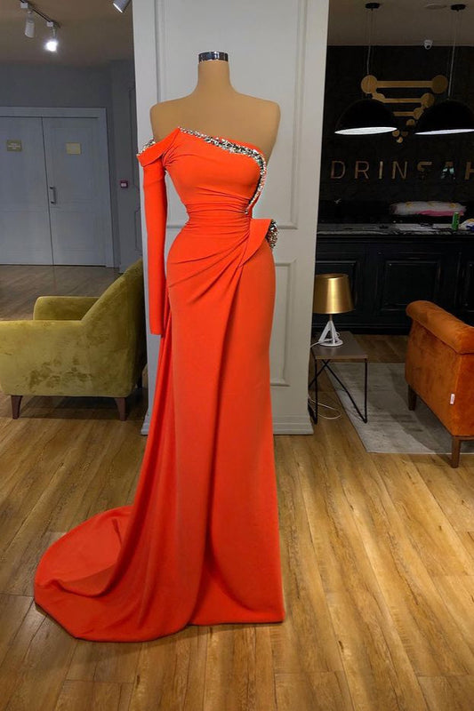 Orange One-Shoulder Long Sleeve Crystal Prom Dress