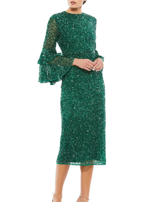 Sheath / Column Cocktail Dresses Party Dress Wedding Guest Party Wear Tea Length 3/4 Length Sleeve Jewel Neck Sequined with Sequin Ruffles