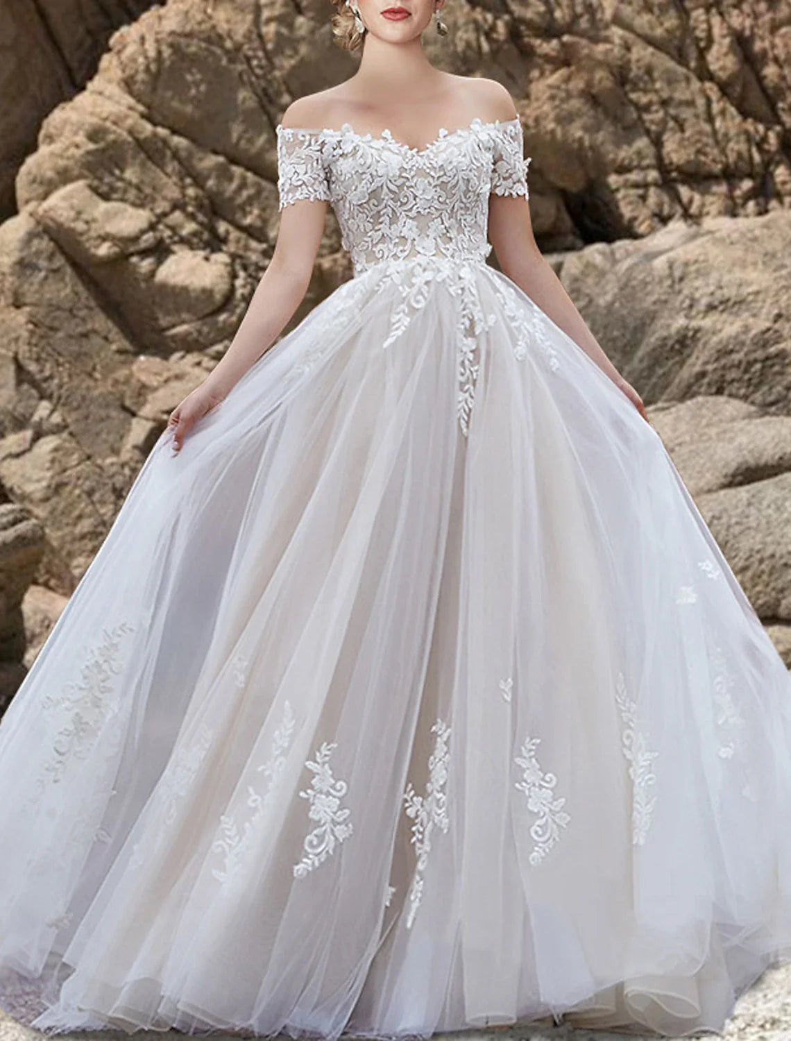 Aimishang Engagement Gothic Wedding Dresses in Color Formal Wedding Dresses A-Line Off Shoulder Short Sleeve Sweep / Brush Train Lace Bridal Gowns With Bow(s) Appliques