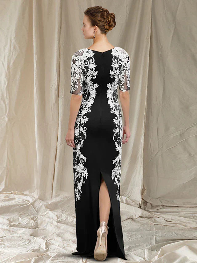 Sheath / Column Mother of the Bride Dress Elegant V Neck Floor Length Chiffon Lace Half Sleeve with Appliques