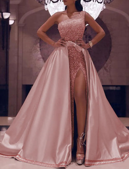 Prom Dresses Sparkly Sexy Dress Evening Party Floor Length Sleeveless One Shoulder Detachable Satin with Bow(s) Sequin Slit