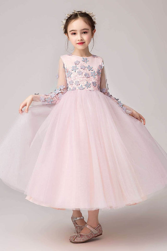 Pink Long Sleeves Ball Gown Flower Girls Dress