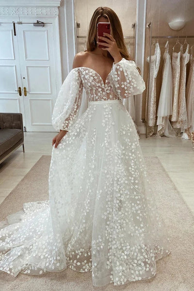 Plunging V-Neck Allover Lace Bohemian Wedding Dress with Sleeves Off Shoulder Beautiful