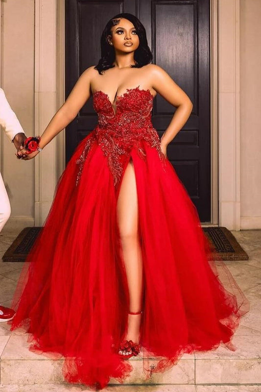 Plus Size Red Sweetheart Tulle Appliques Beads Prom Dress