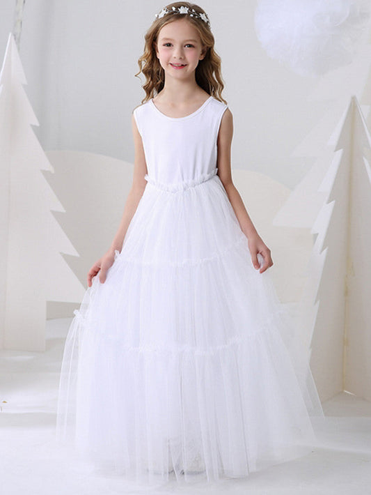 Polyester Ball Gown Sleeveless Dress with Jewel Flower Print for Girls