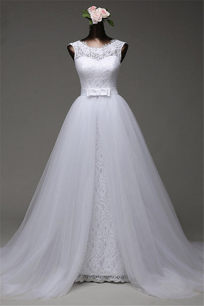 Popular Jewel Sleeveless Lace Long Wedding Dress with Overskirt