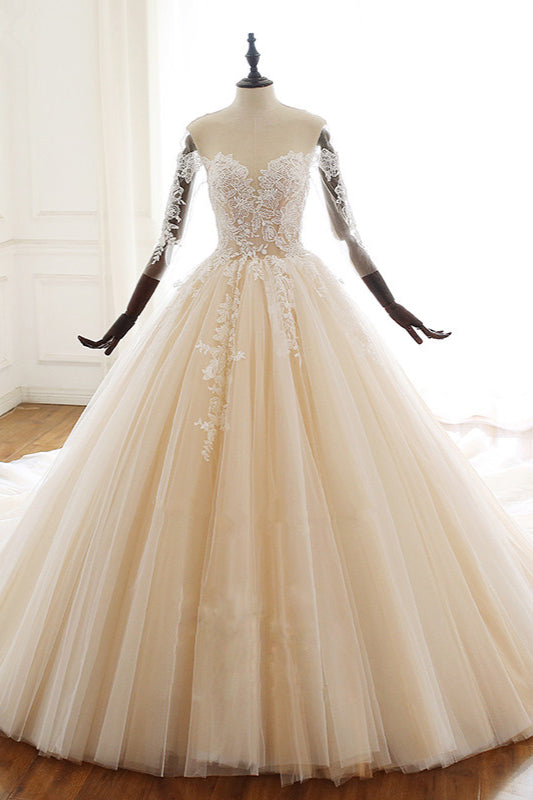 Popular Sweetheart Long Wedding Dress with Lace Appliques Sleeves Ball Gown