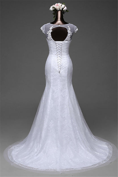 Pretty Jewel Lace Long Mermaid Wedding Dress With Overskirt
