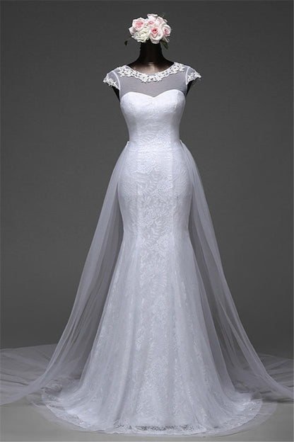 Pretty Jewel Lace Long Mermaid Wedding Dress With Overskirt