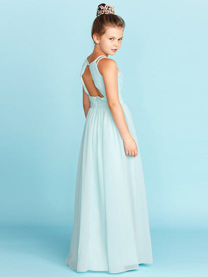 Princess A-Line Jewel Neck Floor Length Chiffon Flower Girl Dress with Ruched Side-Draped Wedding Party Open Back