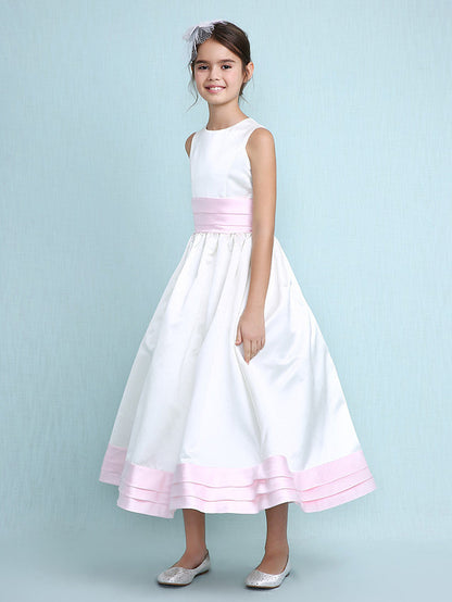 Princess A-Line Jewel Neck Satin Junior Bridesmaid Dress with Sash Ribbon Ruched Ruffles for Spring Summer Fall Winter Weddings