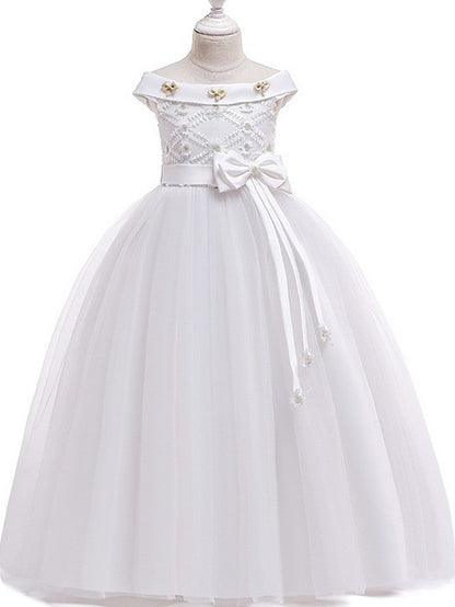 Princess Bateau Floor Length Cotton Flower Girl Dress with Bow Pearls Appliques