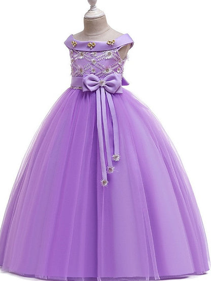 Princess Bateau Floor Length Cotton Flower Girl Dress with Bow Pearls Appliques