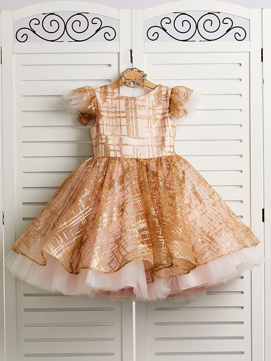 Princess Cap Sleeve Jewel Knee Length Flower Girl Dress in Tulle with Bow