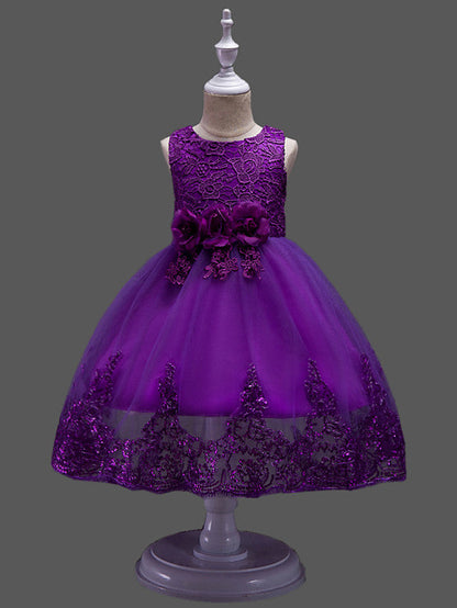 Princess Midi Lace/Tulle Jewel Neck Dress for Wedding/Birthday with Petal/Lace/Embroidery