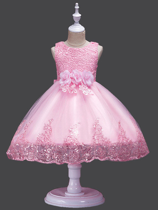 Princess Midi Lace/Tulle Jewel Neck Dress for Wedding/Birthday with Petal/Lace/Embroidery