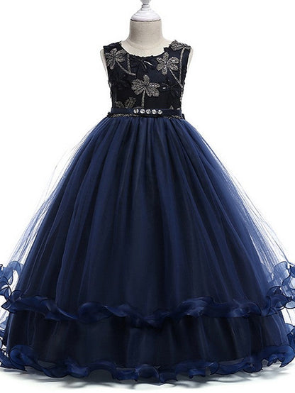 Princess Round Neck Floor Length Flower Girl Dress with Bow Crystals Appliques