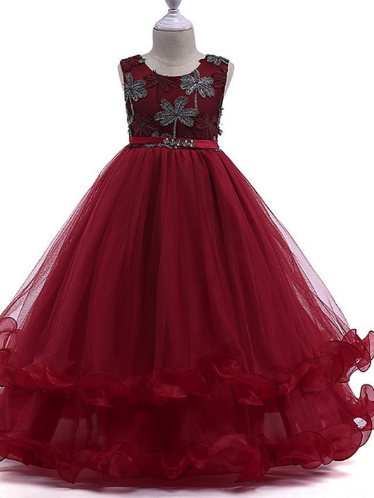 Princess Round Neck Floor Length Flower Girl Dress with Bow Crystals Appliques