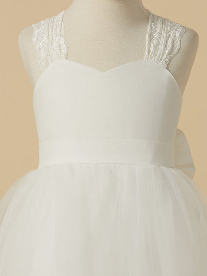 Princess Sleeveless Halter Neck Floor Length Flower Girl Dress with Lace Satin Tulle and Bow