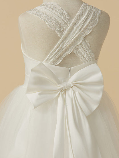 Princess Sleeveless Halter Neck Floor Length Flower Girl Dress with Lace Satin Tulle and Bow