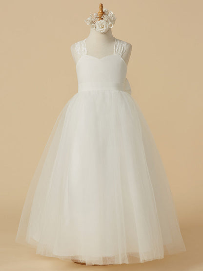 Princess Sleeveless Halter Neck Floor Length Flower Girl Dress with Lace Satin Tulle and Bow