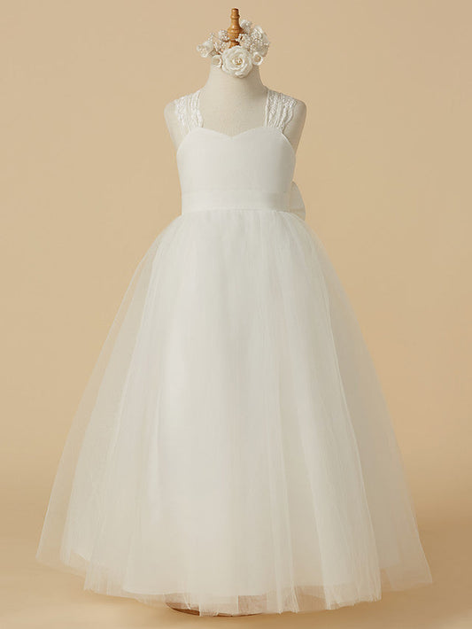 Princess Sleeveless Halter Neck Floor Length Flower Girl Dress with Lace Satin Tulle and Bow