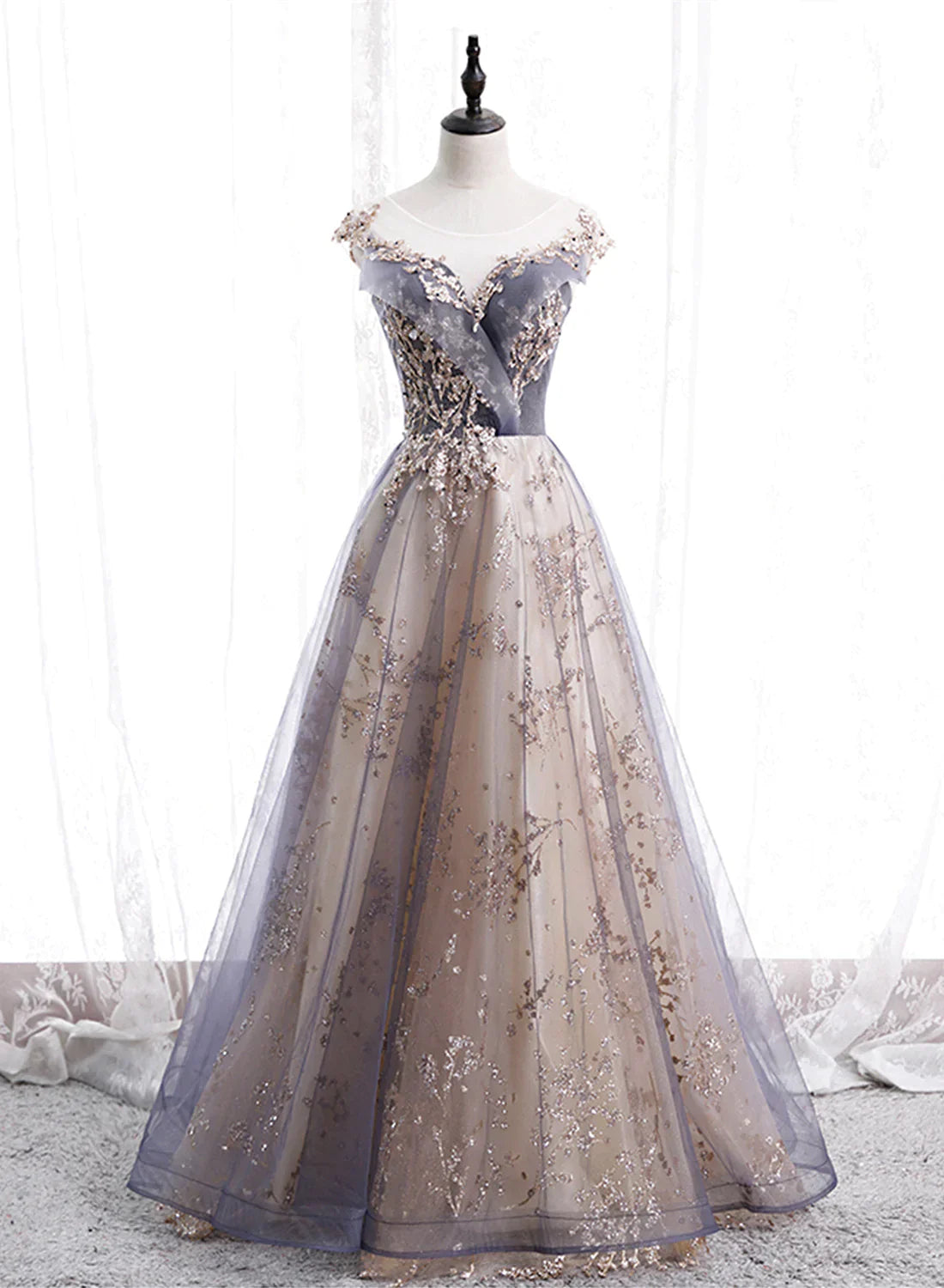 Beautiful A-line Tulle with Lace Applique Party Dress, Tulle Long Prom Dress