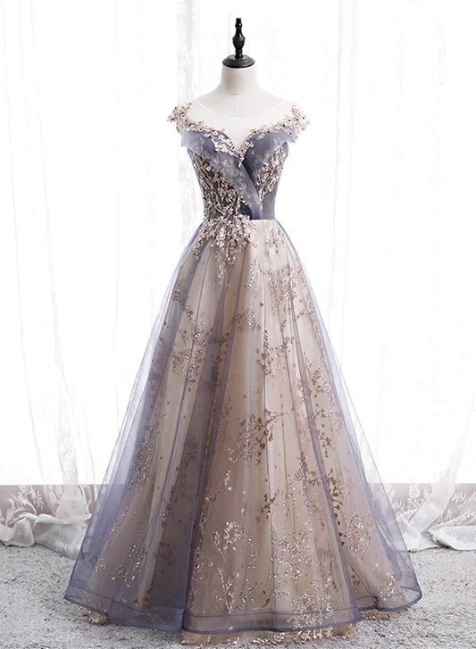 Beautiful A-line Tulle with Lace Applique Party Dress, Tulle Long Prom Dress
