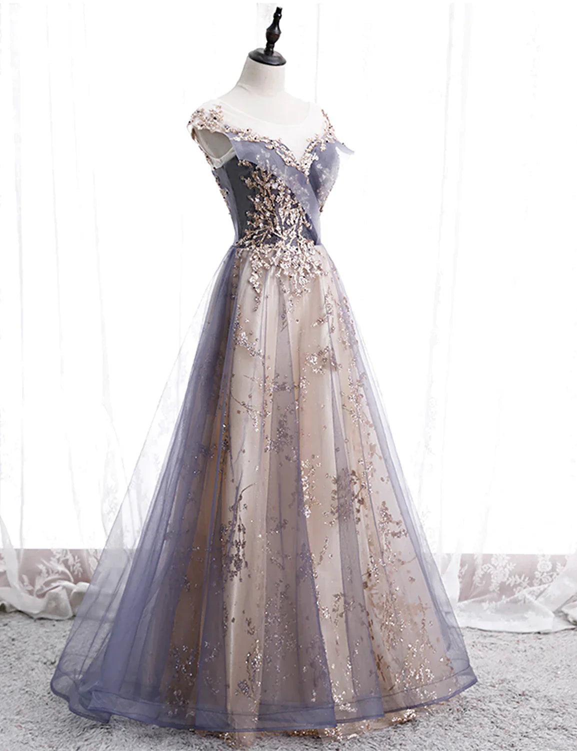 Beautiful A-line Tulle with Lace Applique Party Dress, Tulle Long Prom Dress