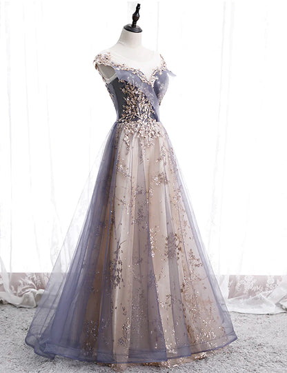 Beautiful A-line Tulle with Lace Applique Party Dress, Tulle Long Prom Dress