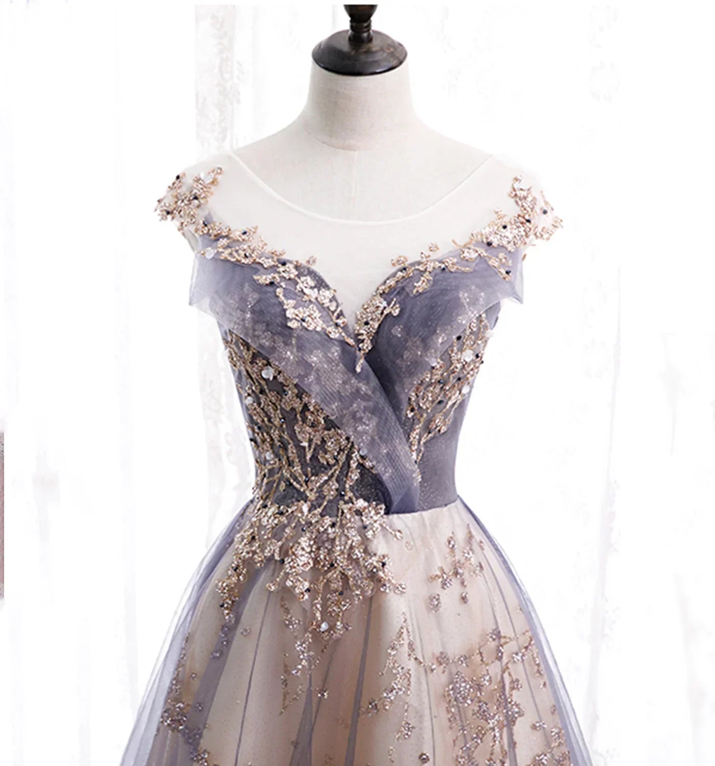 Beautiful A-line Tulle with Lace Applique Party Dress, Tulle Long Prom Dress