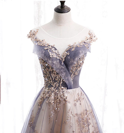Beautiful A-line Tulle with Lace Applique Party Dress, Tulle Long Prom Dress