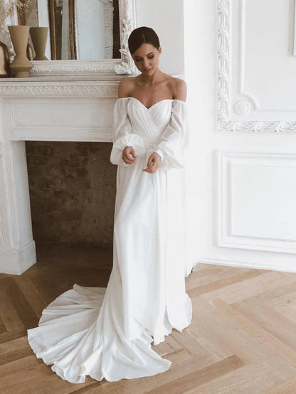 Off the Shoulder Chiffon Beach Long-Sleeve Wedding Dresses Elegant