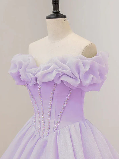 Purple A-line Off Shoulder Long Ball Dress Purple Dress Prom Dresses