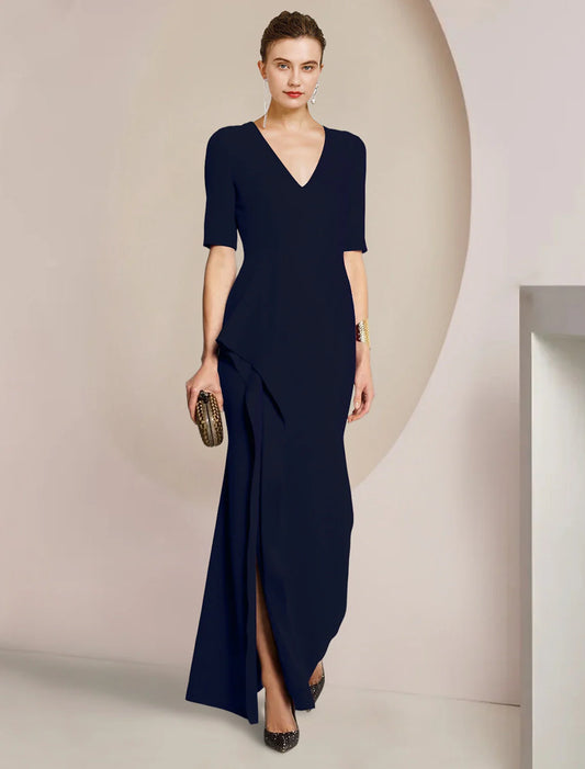 Aimishang Sheath / Column Mother of the Bride Dress Formal Wedding Guest Elegant V Neck Floor Length Satin Half Sleeve with Split Front Ruching