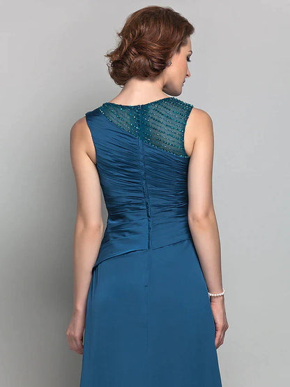 Sheath / Column Mother of the Bride Dress Vintage Inspired Jewel Neck Floor Length Satin Chiffon Sleeveless with Beading