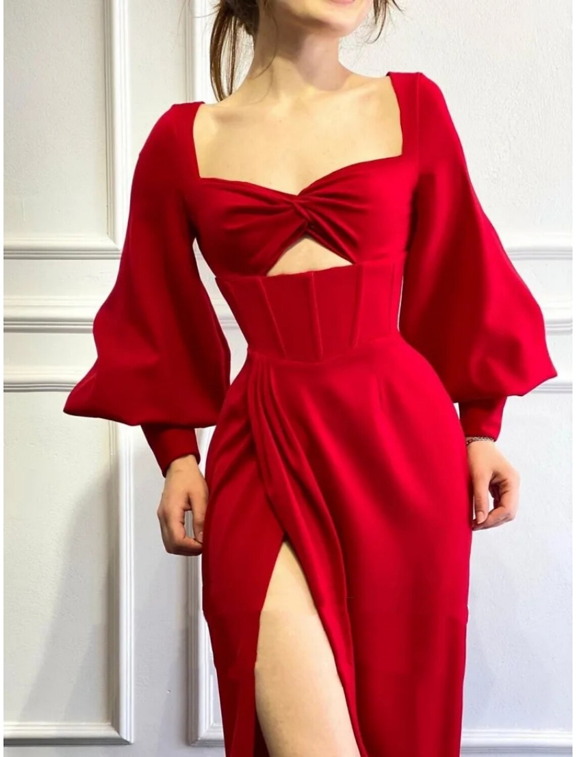 A-Line Evening Gown Sparkle & Shine Dress Party Wear Floor Length Long Sleeve Square Neck  Fabric with Pleats Ruched Slit