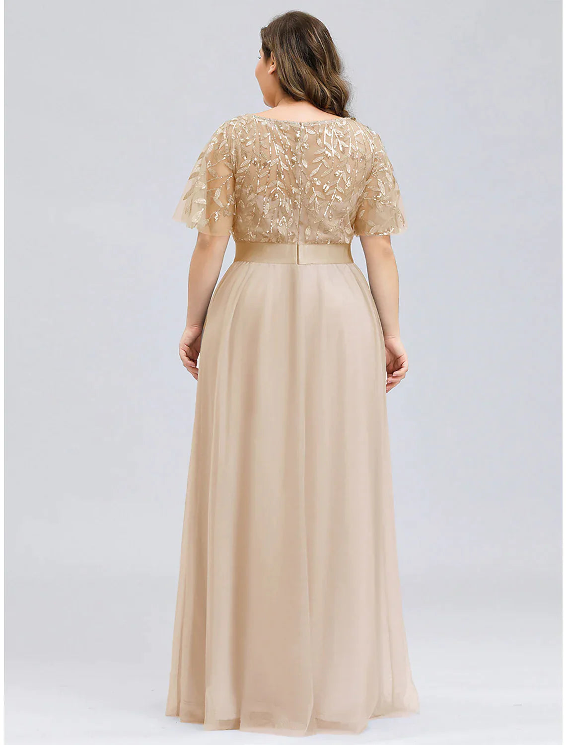 A-Line Prom Dresses Dress Wedding Guest Floor Length Short Sleeve Tulle with Sequin Appliques