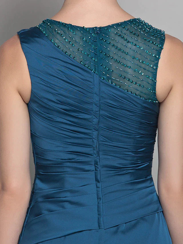 Sheath / Column Mother of the Bride Dress Vintage Inspired Jewel Neck Floor Length Satin Chiffon Sleeveless with Beading