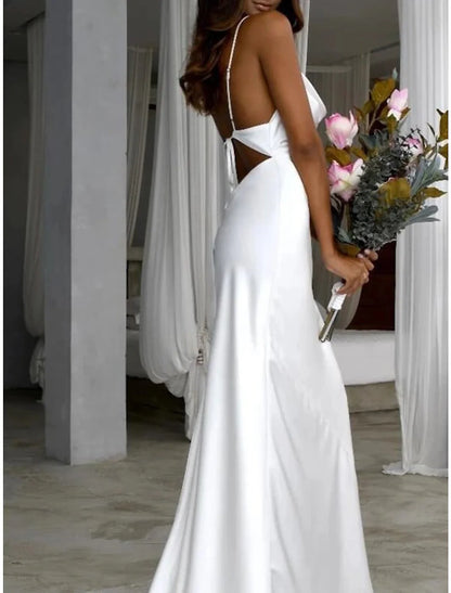 Aimishang Beach Simple Wedding Dresses Sheath / Column Square Neck Camisole Spaghetti Strap Sweep / Brush Train Stretch Fabric Bridal Gowns With Ruched Solid Color
