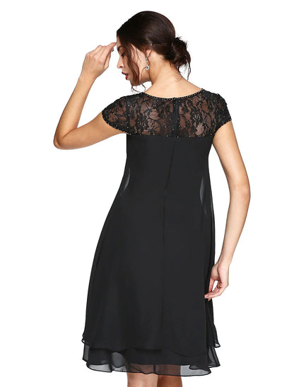 Aimishang A-Line Mother of the Bride Dress Plus Size Elegant Illusion Neck Knee Length Chiffon Lace Short Sleeve with Sequin