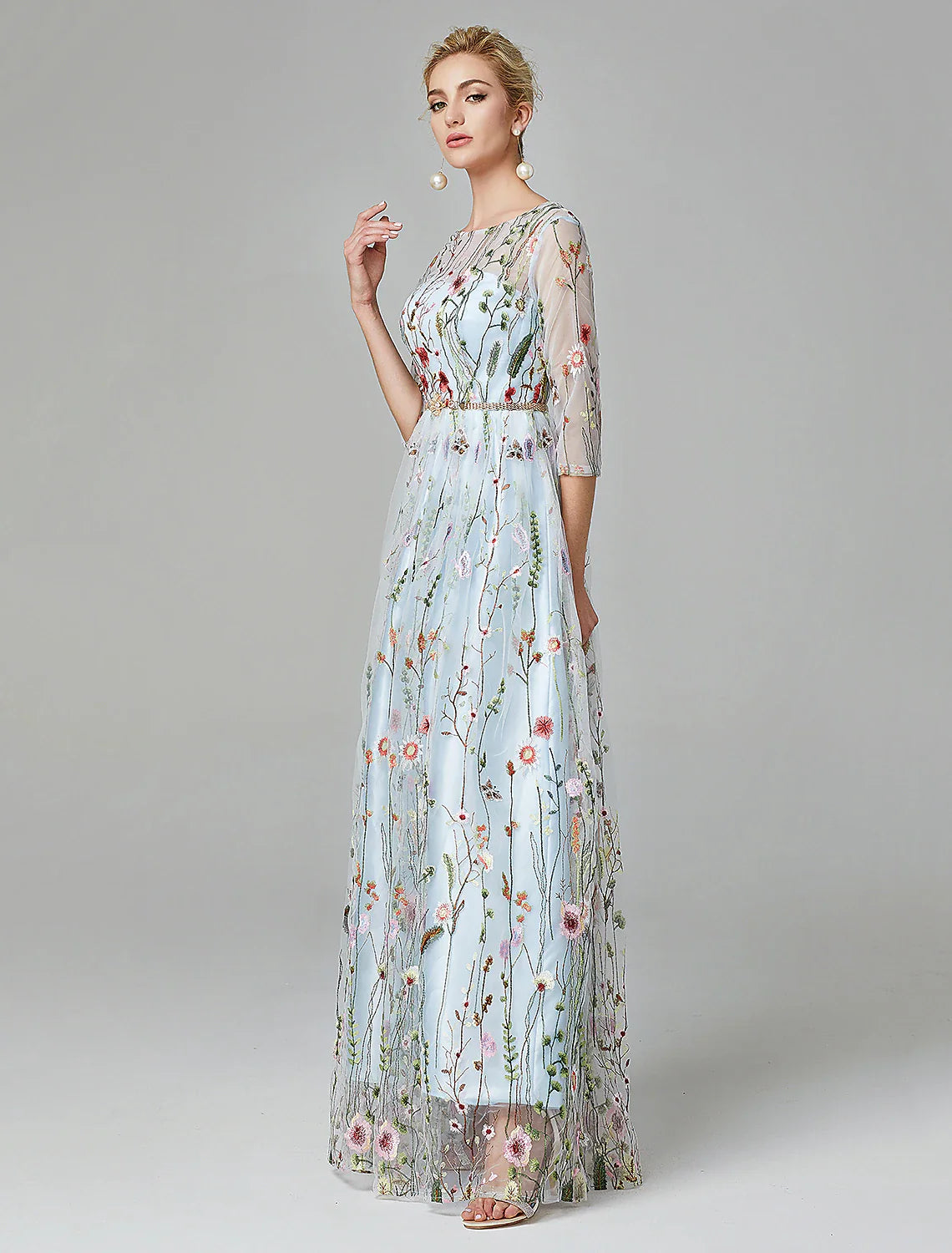 A-Line Evening Gown Party Dress Floral Dress Holiday Wedding Guest Floor Length 3/4 Length Sleeve Illusion Neck Lace with Embroidery 2025