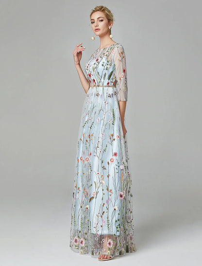 A-Line Evening Gown Party Dress Floral Dress Holiday Wedding Guest Floor Length 3/4 Length Sleeve Illusion Neck Lace with Embroidery 2025
