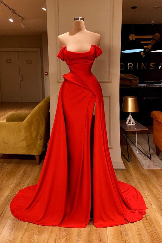 Red Off-Shoulder Ruffles Side Slit Strapless Prom Dress