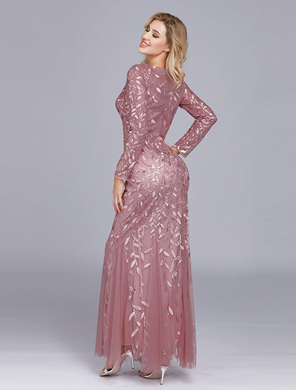 Elegant Party Wear Formal Evening Dress Long Sleeve Floor Length Tulle with Embroider