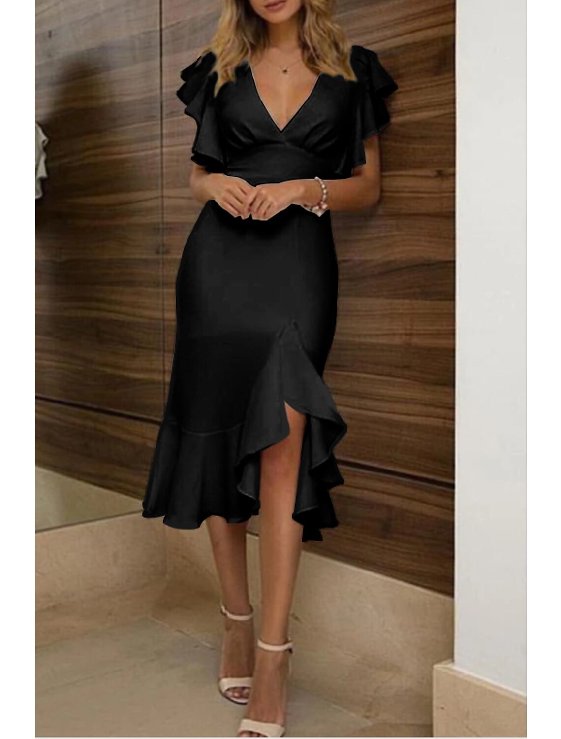 Mermaid / Trumpet Wedding Guest Dresses Elegant Dress Wedding Party Semi Formal Asymmetrical Short Sleeve V Neck Polyester with Ruffles Pure Color 2025