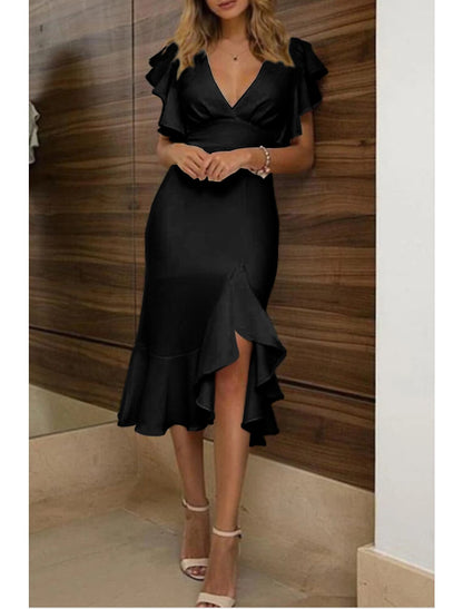 Mermaid / Trumpet Wedding Guest Dresses Elegant Dress Wedding Party Semi Formal Asymmetrical Short Sleeve V Neck Polyester with Ruffles Pure Color 2025