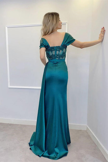 Royal Blue Evening Dress With Appliques - Off-the-Shoulder Style