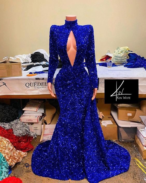 Royal Blue Long Mermaid Sequins High Neck Prom Dress with Sleeves